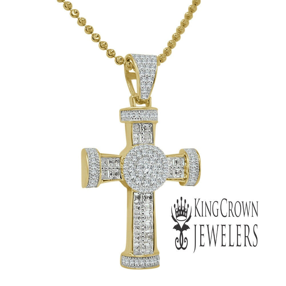 Baguette Genuine Real Yellow Gold Sterling Silver Simulated Diamond Jesus Cross Pendant Charm Chain Set