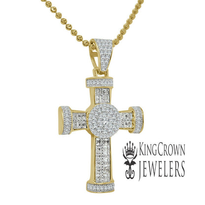 Baguette Genuine Real Yellow Gold Sterling Silver Simulated Diamond Jesus Cross Pendant Charm Chain Set