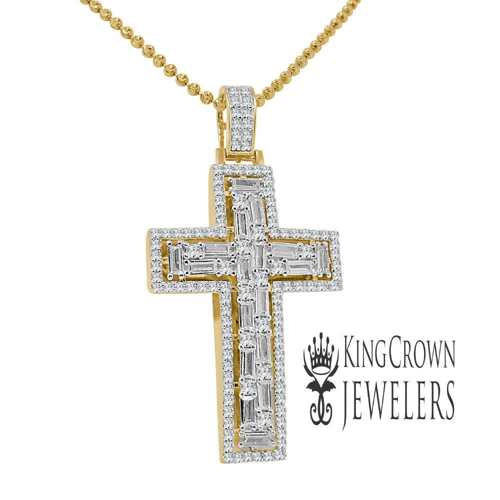 Real Yellow Gold Sterling Silver Baguette/Round Cut Simulated Diamond Jesus Cross Pendant Charm Chain Set