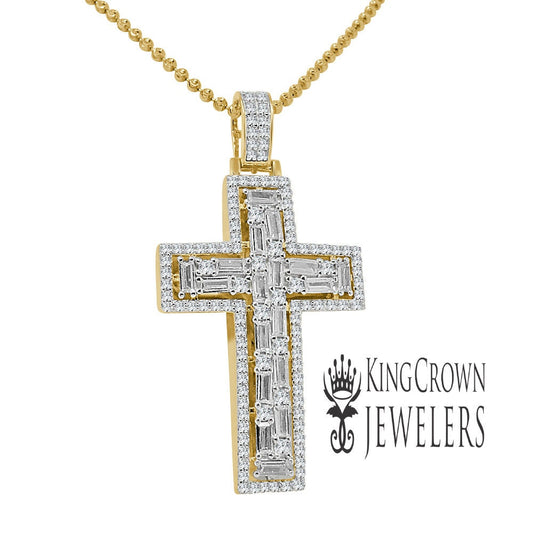 Real Yellow Gold Sterling Silver Baguette/Round Cut Simulated Diamond Jesus Cross Pendant Charm Chain Set