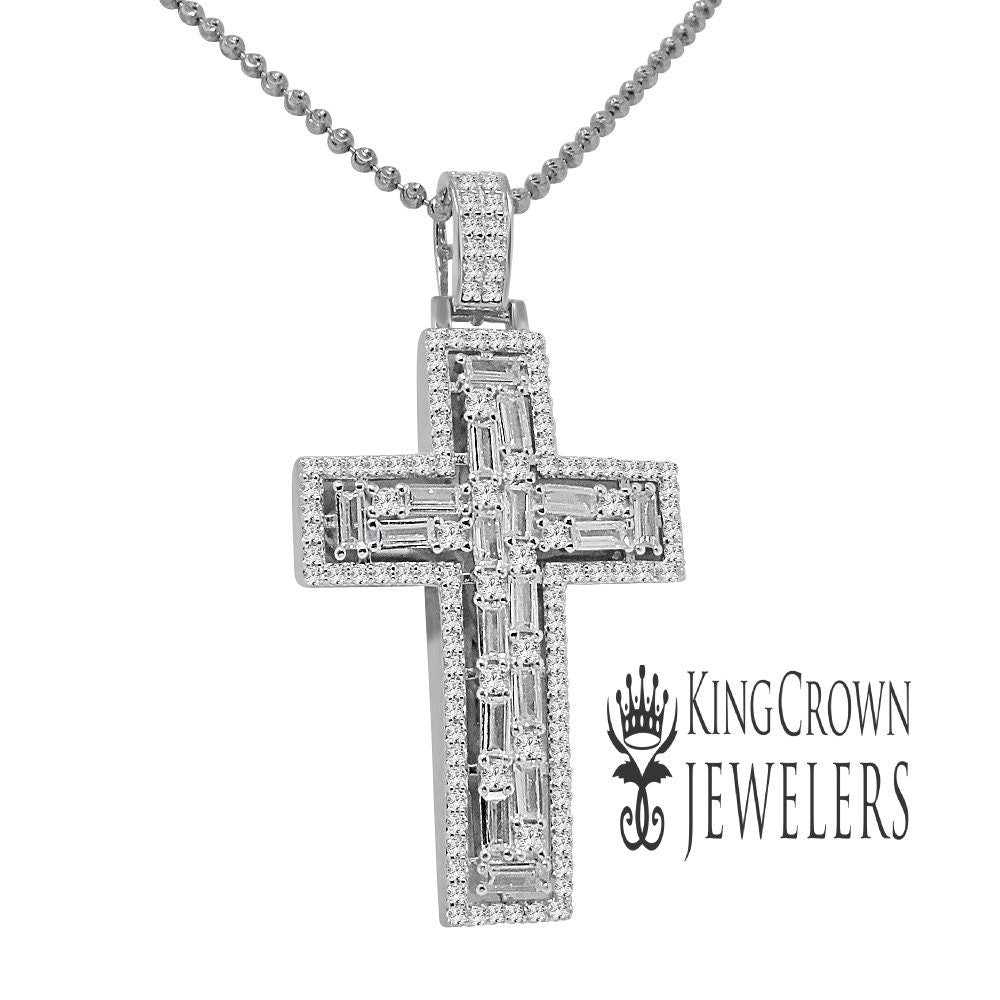Real White Gold On Pure Sterling Silver Baguette/Round Cut Simulated Diamond Jesus Cross Pendant Charm Chain Set