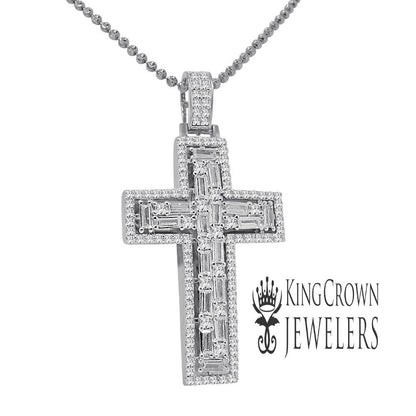 Real White Gold On Pure Sterling Silver Baguette/Round Cut Simulated Diamond Jesus Cross Pendant Charm Chain Set