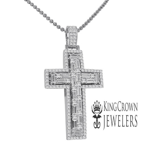 Real White Gold On Pure Sterling Silver Baguette/Round Cut Simulated Diamond Jesus Cross Pendant Charm Chain Set