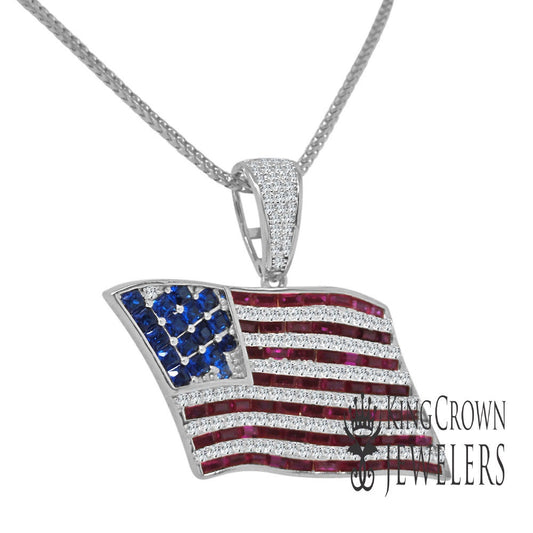 10K White Gold On Real Genuine Sterling Silver Multi Tone Lab Diamond USA American Flag Pendant Charm Chain