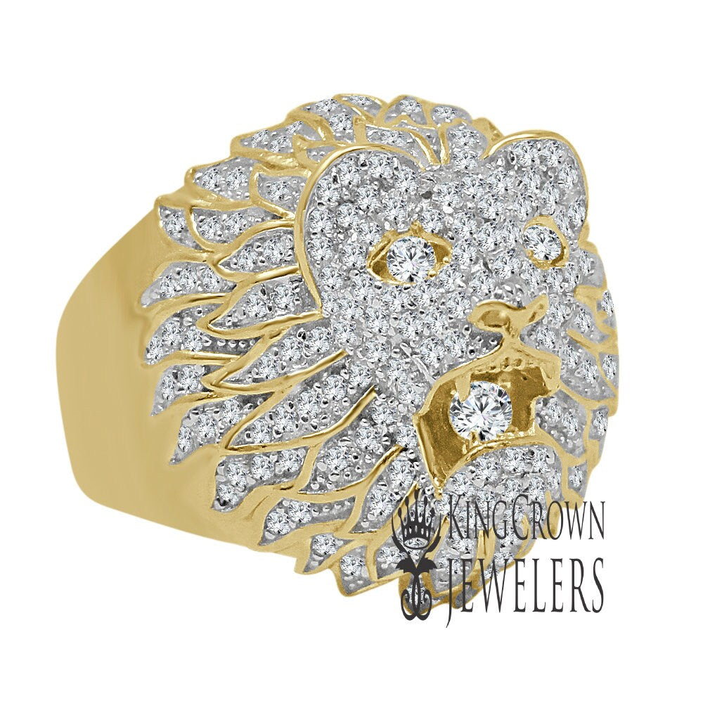 Mens 10K Real Yellow Gold On Pure Italian Sterling  Silver Lab Diamond Lion King Head Ring Band