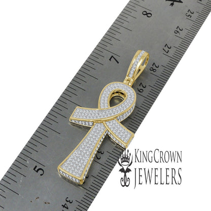 3D Look Real Genuine Sterling Silver 14k Gold Over 2.00 Cwt. Simulated Diamond Egyptian Ankh Cross Unisex Pendant Charm Chain Neckless Set