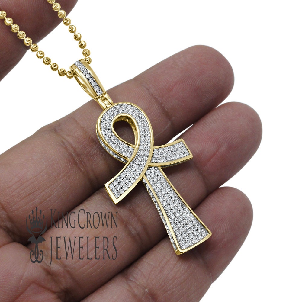 3D Look Real Genuine Sterling Silver 14k Gold Over 2.00 Cwt. Simulated Diamond Egyptian Ankh Cross Unisex Pendant Charm Chain Neckless Set