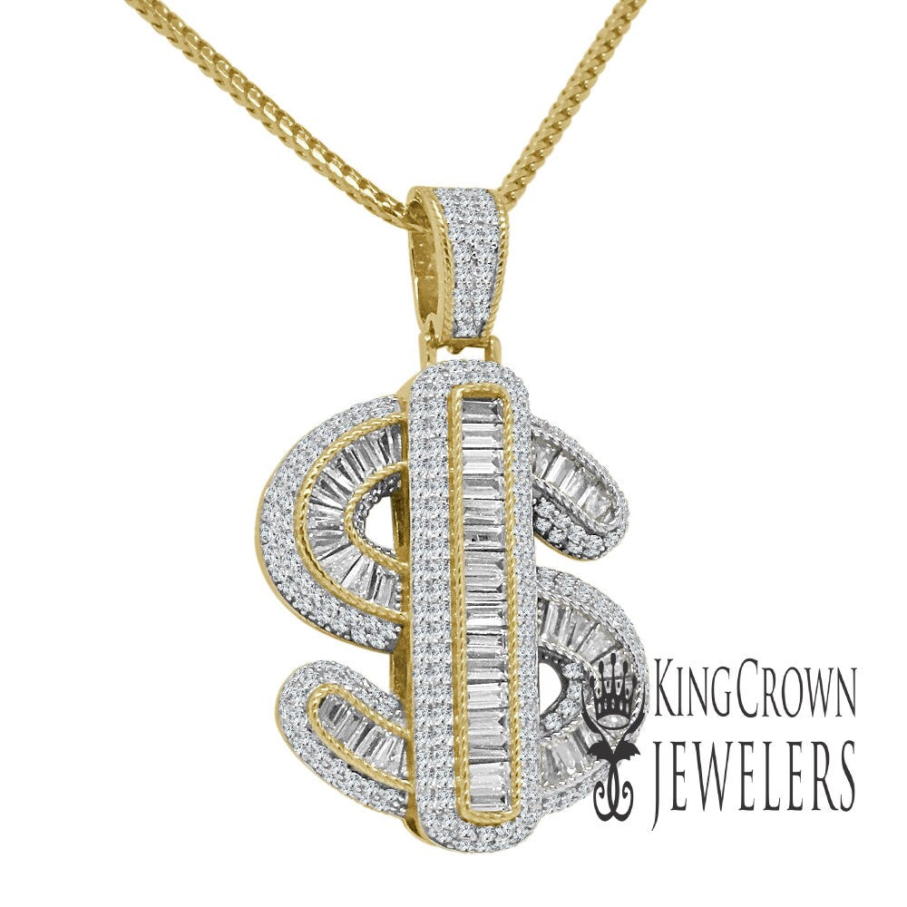 Baguette Genuine Simulated Diamond Real Sterling Silver Dollar Sign Money Cash Charm Diamond Pendent + Chain