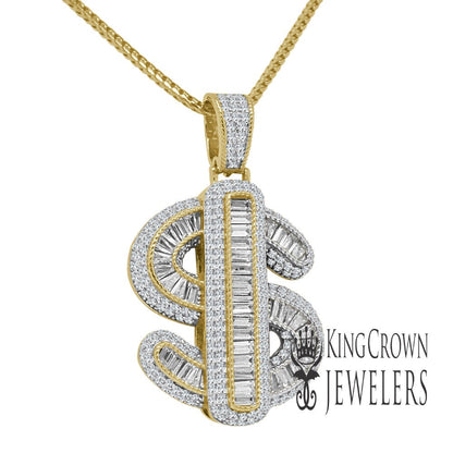 Baguette Genuine Simulated Diamond Real Sterling Silver Dollar Sign Money Cash Charm Diamond Pendent + Chain