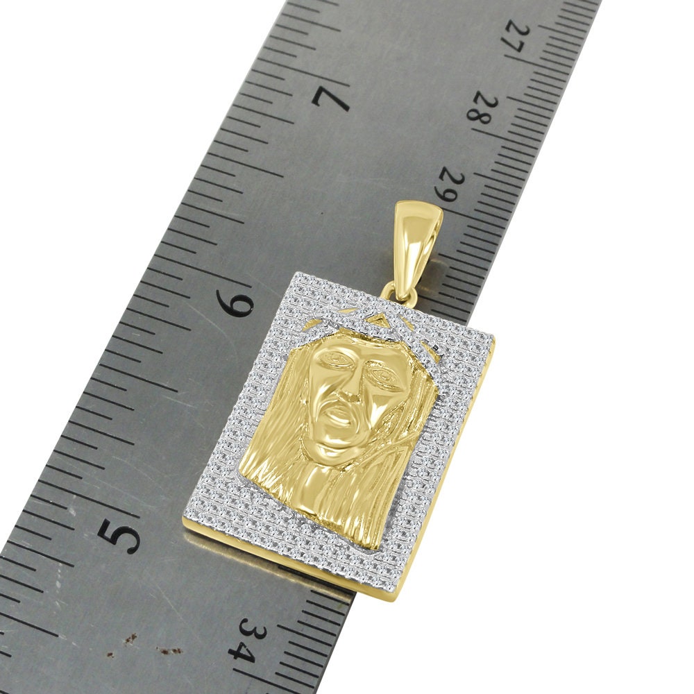 Genuine Sterling Silver Jesus Face Piece Frame Style Pendent Simulated Diamond Charm Chain Set