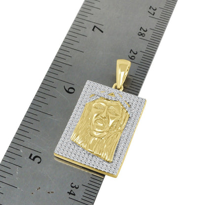 Genuine Sterling Silver Jesus Face Piece Frame Style Pendent Simulated Diamond Charm Chain Set
