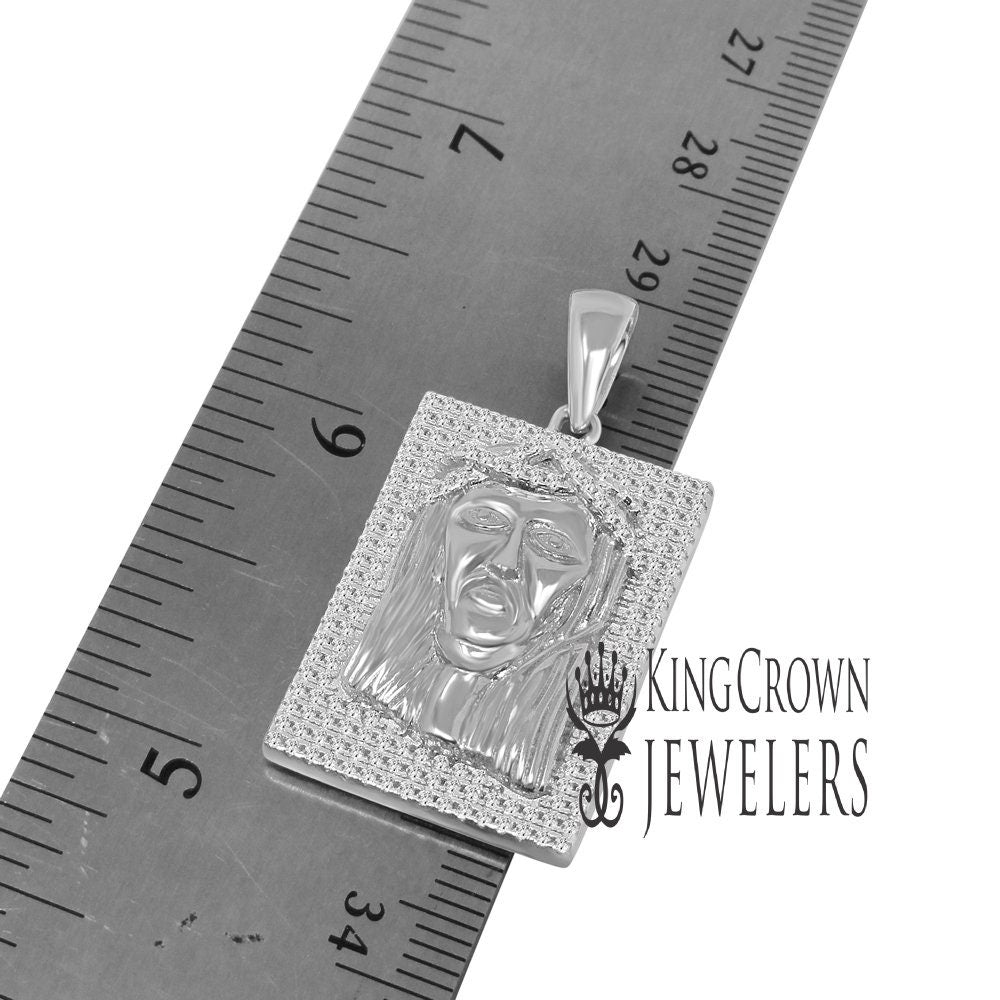 Genuine White Sterling Silver Jesus Face Piece Frame Style Pendent Simulated Diamond Charm Chain Set
