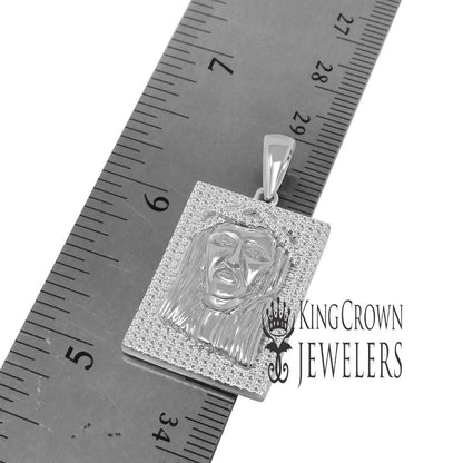 Genuine White Sterling Silver Jesus Face Piece Frame Style Pendent Simulated Diamond Charm Chain Set