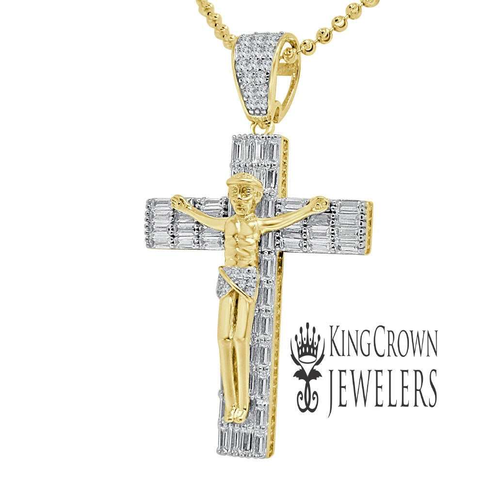 Baguette 14K Yellow Gold On Real Sterling Silver Jesus Crucifix Cross Charm Pendant Chain Set