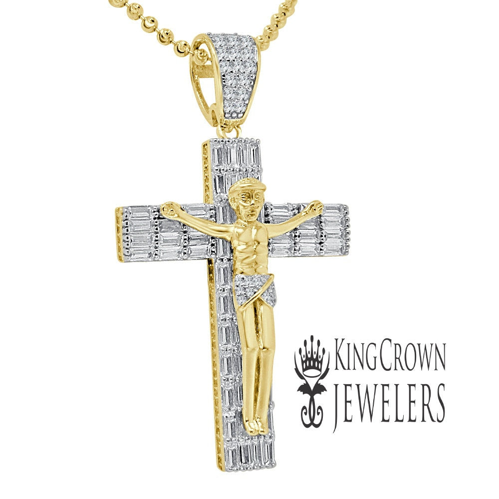 Baguette 14K Yellow Gold On Real Sterling Silver Jesus Crucifix Cross Charm Pendant Chain Set