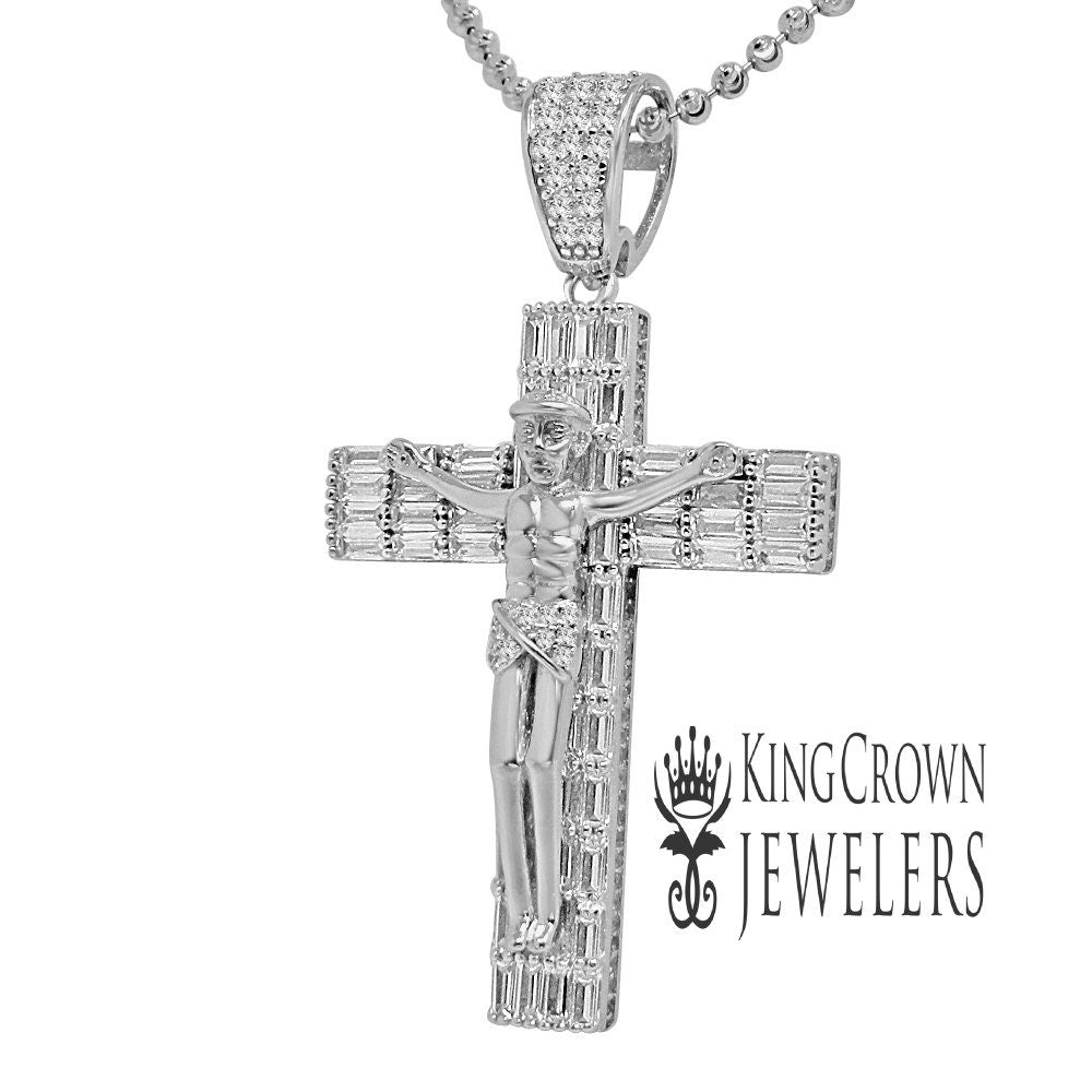 14K White Gold On Real Sterling Silver Baguette/Round Cut Diamonds Jesus Crucifix Cross Charm Pendant Chain Set