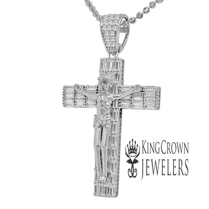 14K White Gold On Real Sterling Silver Baguette/Round Cut Diamonds Jesus Crucifix Cross Charm Pendant Chain Set