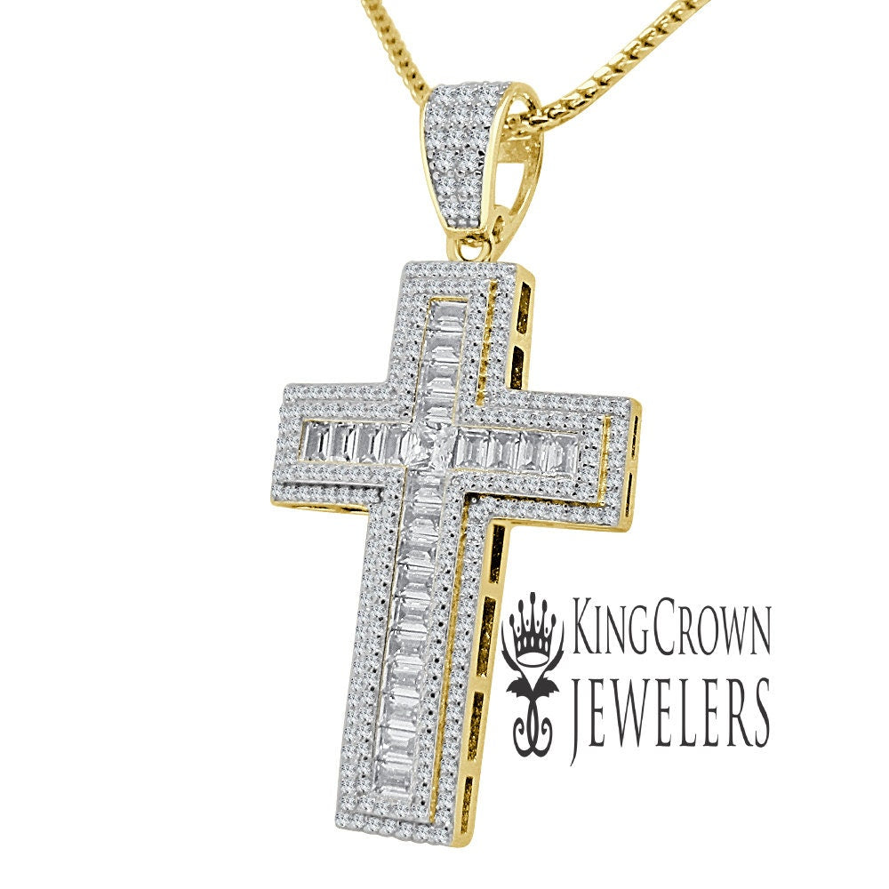 Baguette Simulated Diamond Holy Cross Religious God Real Yellow Gold Silver Pendant Charm + Chain 2''