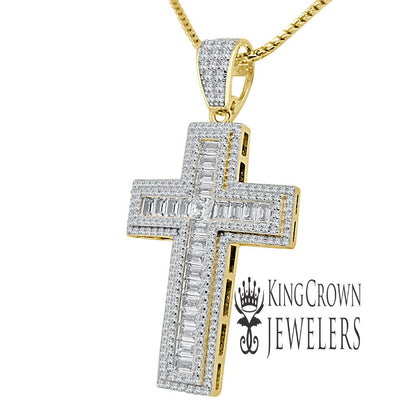 Baguette Simulated Diamond Holy Cross Religious God Real Yellow Gold Silver Pendant Charm + Chain 2''