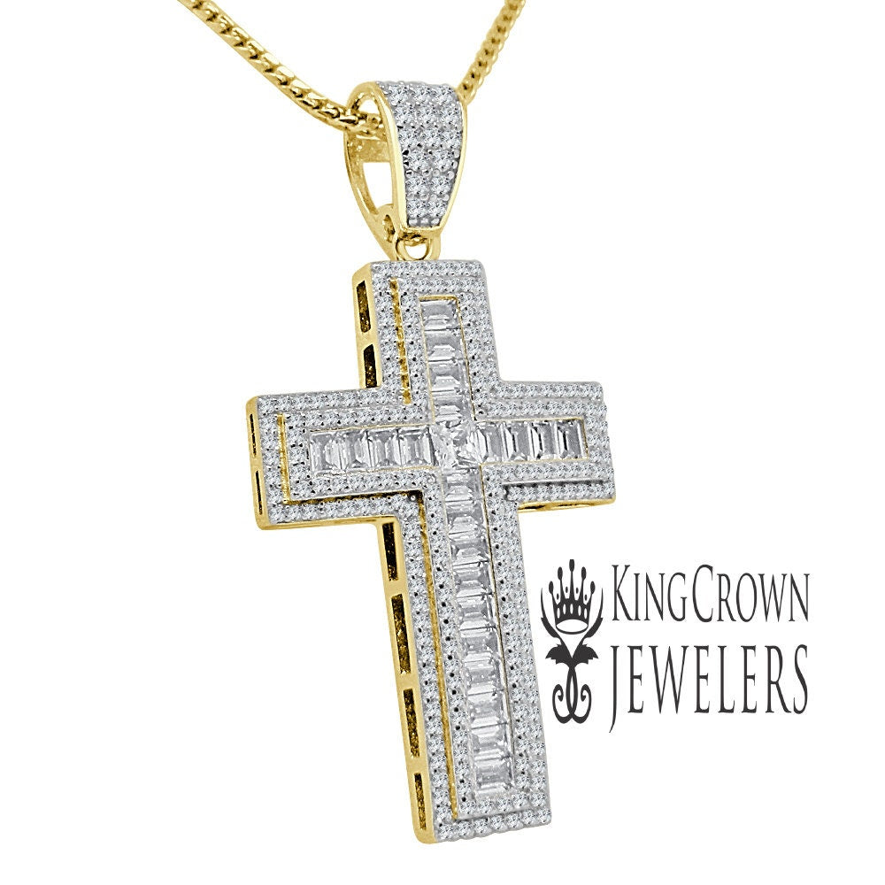 Baguette Simulated Diamond Holy Cross Religious God Real Yellow Gold Silver Pendant Charm + Chain 2''