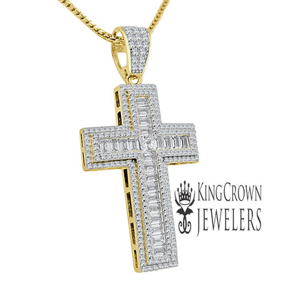Baguette Simulated Diamond Holy Cross Religious God Real Yellow Gold Silver Pendant Charm + Chain 2''