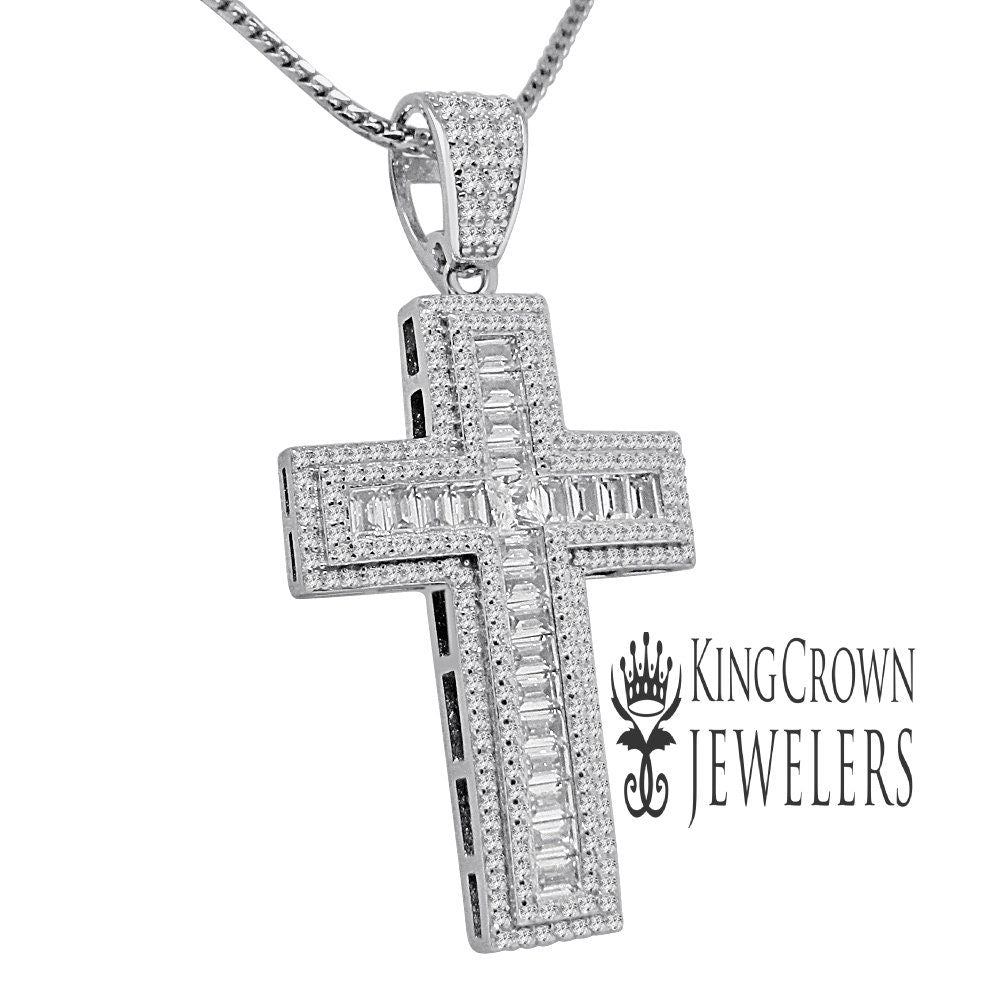 Baguette Simulated Diamond Holy Cross Religious God Real White Gold Silver Pendant Charm + Chain 2''