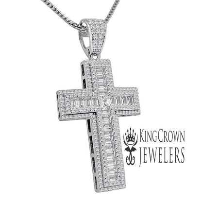 Baguette Simulated Diamond Holy Cross Religious God Real White Gold Silver Pendant Charm + Chain 2''