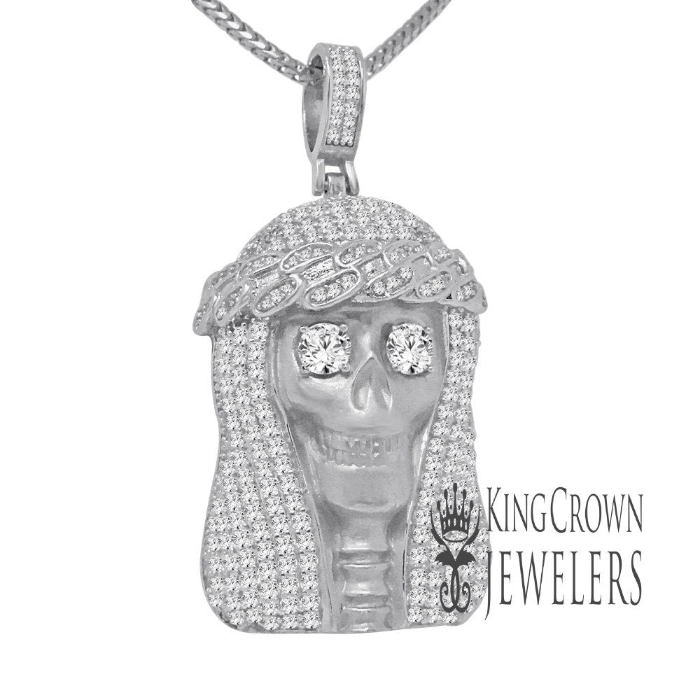 Mens Genuine White Gold Sterling Silver Angel Of Death Skull Head Grim Reaper Pendent Charm Chain Set