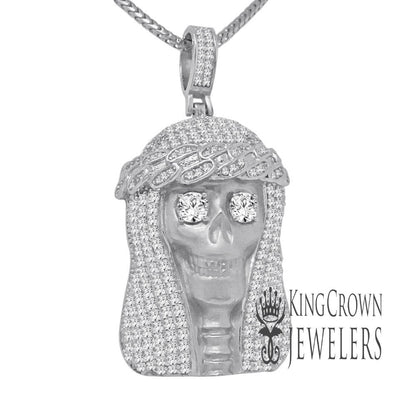 Mens Genuine White Gold Sterling Silver Angel Of Death Skull Head Grim Reaper Pendent Charm Chain Set