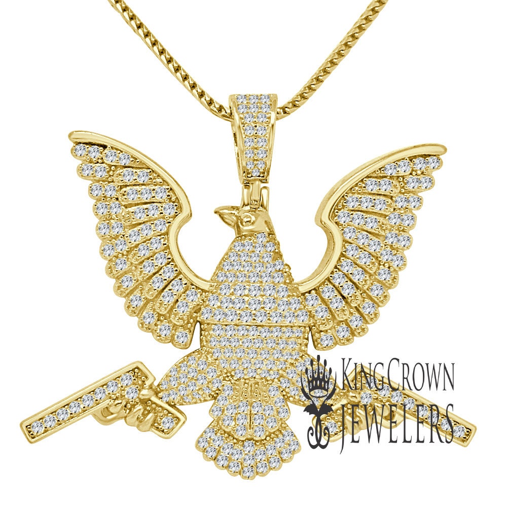 Pure Italian Yellow Gold Sterling Silver Egyptian Eagle Falcon Holding Guns Pendent Charm + Chain