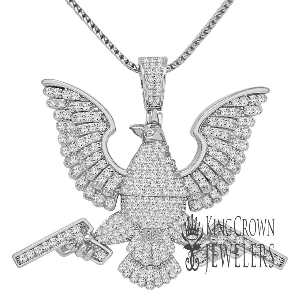 Pure Italian White Gold Sterling Silver Egyptian Eagle Falcon Holding Guns Pendent Charm + Chain