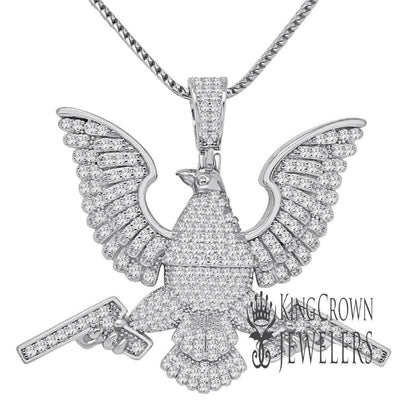 Pure Italian White Gold Sterling Silver Egyptian Eagle Falcon Holding Guns Pendent Charm + Chain