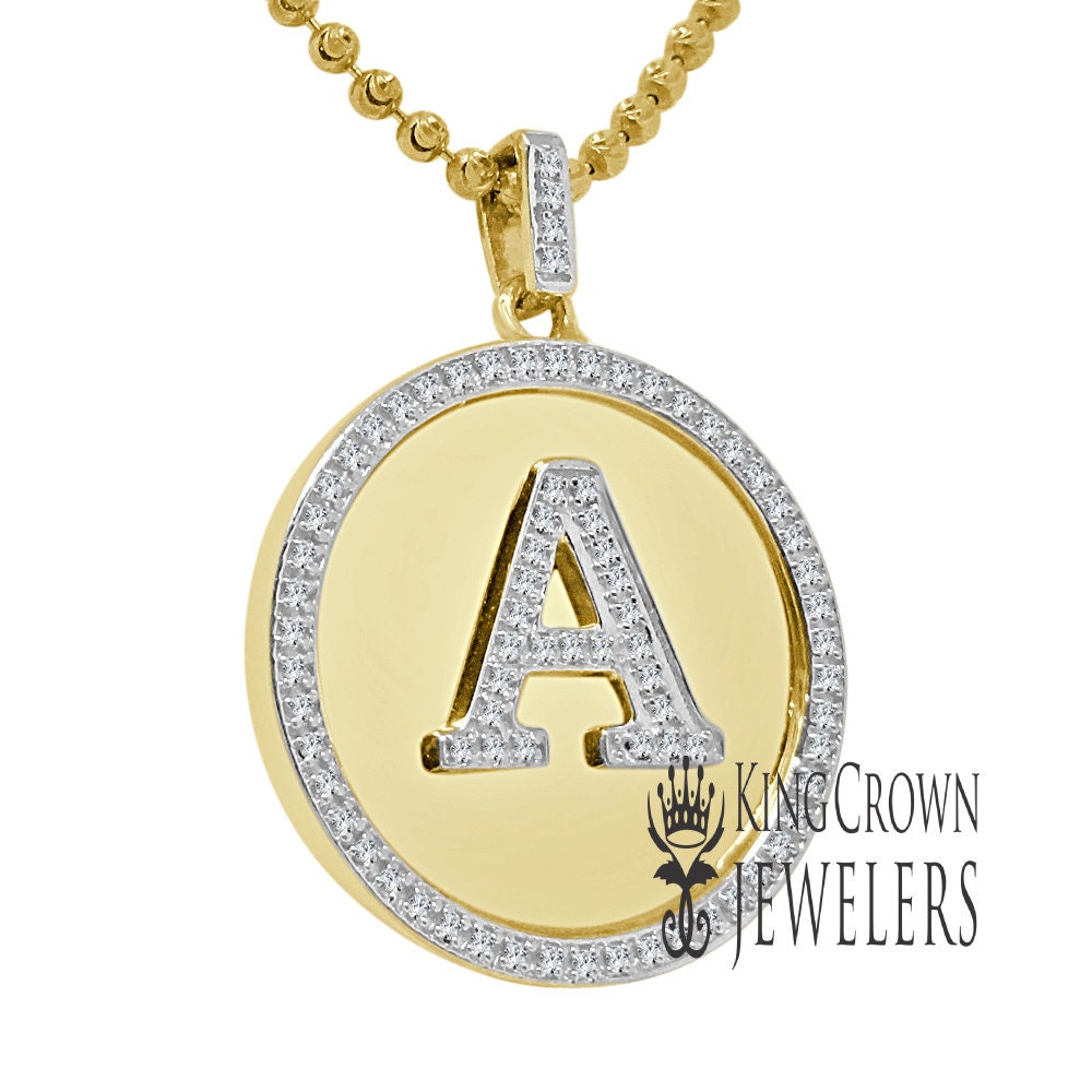 Real Genuine Authentic Diamonds Alphabet Initial Letters "A" Charm Round Pendent Chain Set 10K Gold Finish