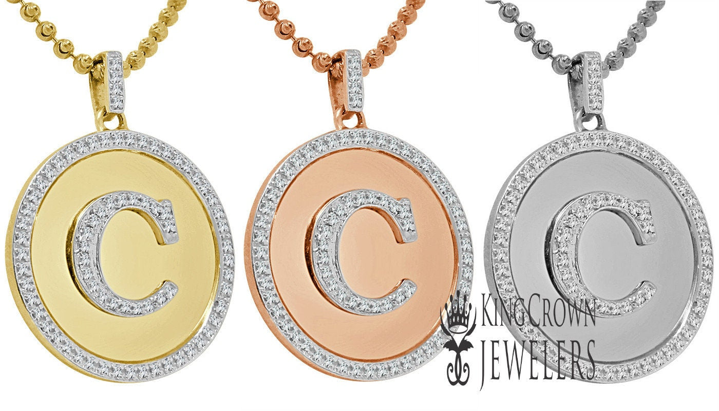 Real Genuine Authentic Diamonds Alphabet Initial Letters "C" Charm Round Pendent Chain Set 10K Gold Finish