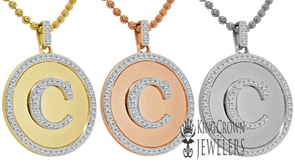 Real Genuine Authentic Diamonds Alphabet Initial Letters "C" Charm Round Pendent Chain Set 10K Gold Finish