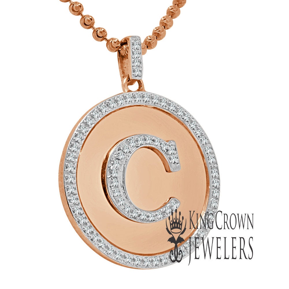 Real Genuine Authentic Diamonds Alphabet Initial Letters "C" Charm Round Pendent Chain Set 10K Gold Finish