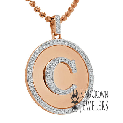 Real Genuine Authentic Diamonds Alphabet Initial Letters "C" Charm Round Pendent Chain Set 10K Gold Finish