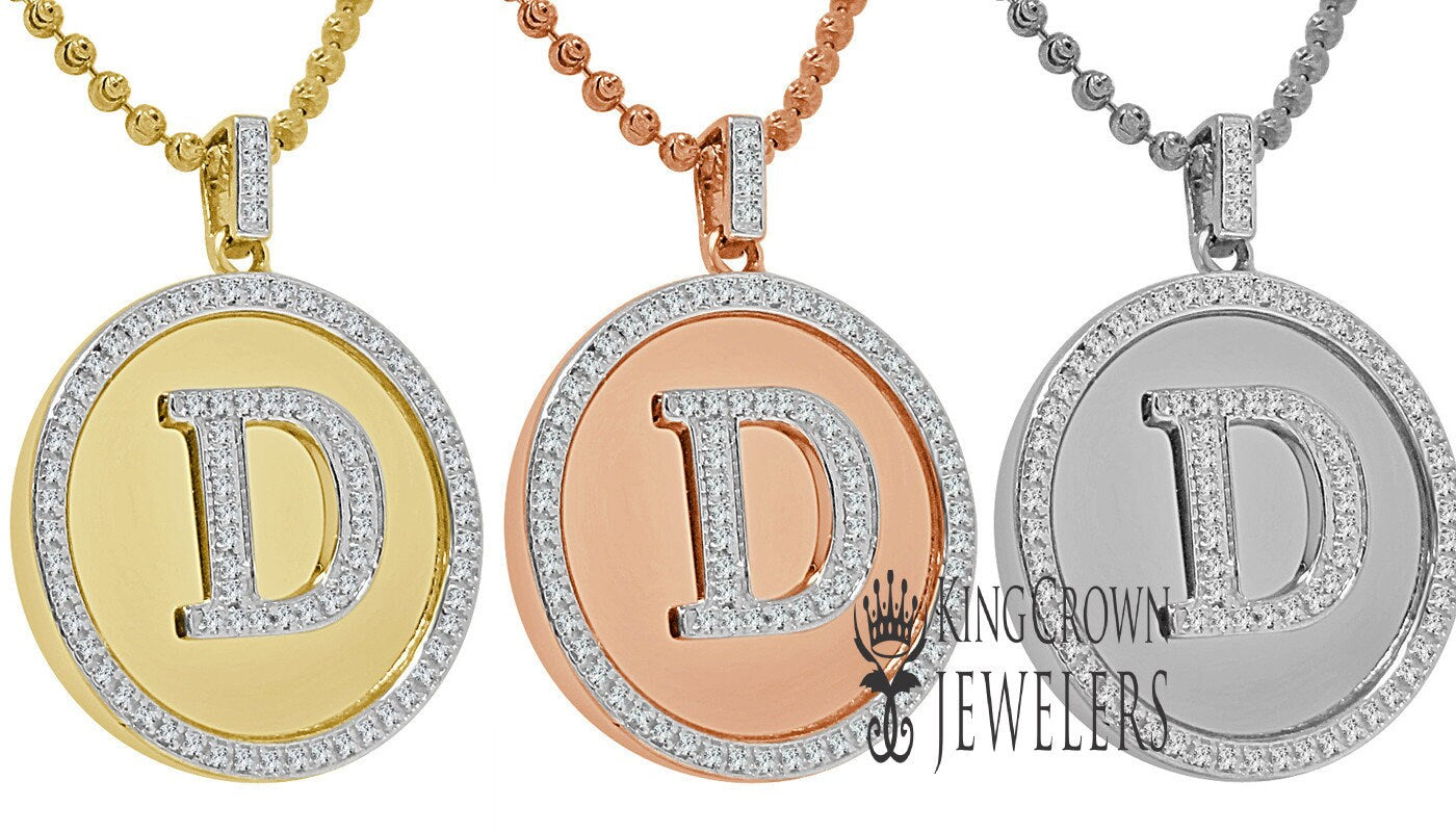 Real Genuine Authentic Diamonds Alphabet Initial Letters "D" Charm Round Pendent Chain Set 10K Gold Finish