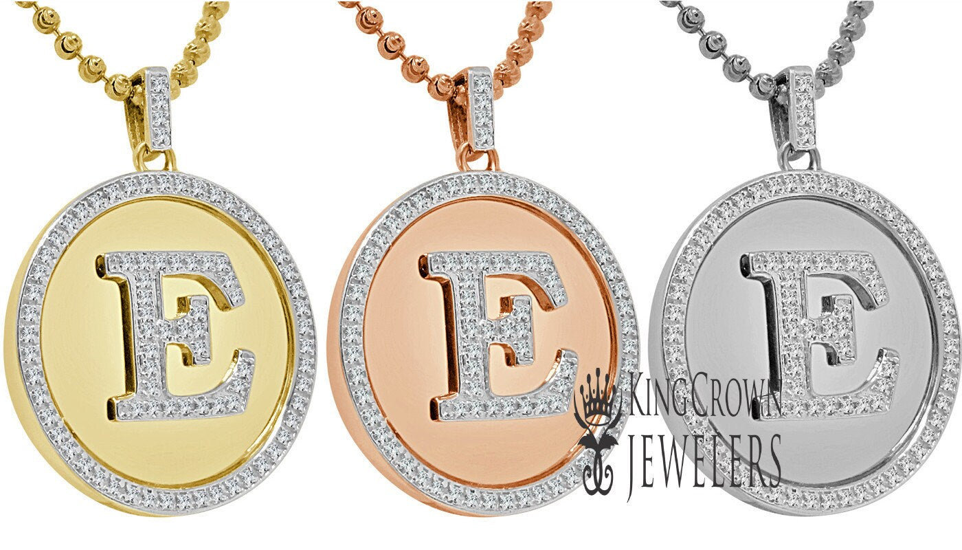 Real Genuine Authentic Diamonds Alphabet Initial Letters "E" Charm Round Pendent Chain Set 10K Gold Finish