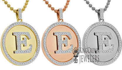 Real Genuine Authentic Diamonds Alphabet Initial Letters "E" Charm Round Pendent Chain Set 10K Gold Finish