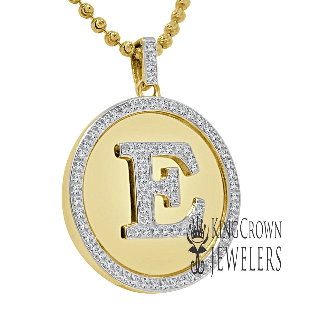 Real Genuine Authentic Diamonds Alphabet Initial Letters "E" Charm Round Pendent Chain Set 10K Gold Finish