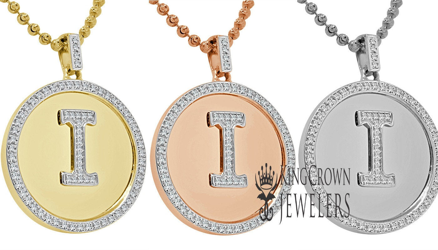 Real Genuine Authentic Diamonds Alphabet Initial Letters "I" Charm Round Pendent Chain Set 10K Gold Finish