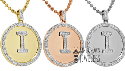 Real Genuine Authentic Diamonds Alphabet Initial Letters "I" Charm Round Pendent Chain Set 10K Gold Finish