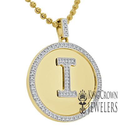 Real Genuine Authentic Diamonds Alphabet Initial Letters "I" Charm Round Pendent Chain Set 10K Gold Finish