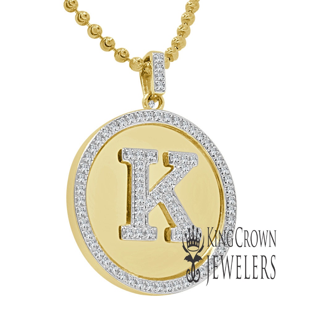 Real Genuine Authentic Diamonds Alphabet Initial Letters "K" Charm Round Pendent Chain Set 10K Gold Finish