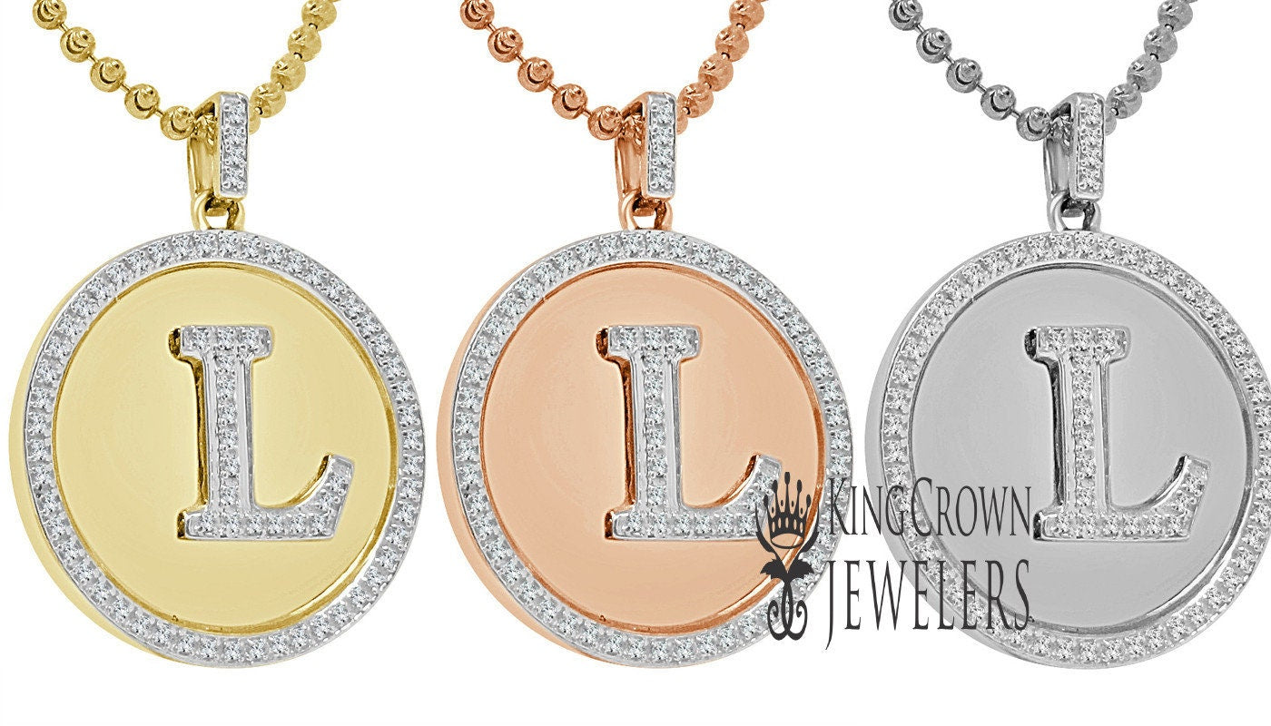 Real Genuine Authentic Diamonds Alphabet Initial Letters "L" Charm Round Pendent Chain Set 10K Gold Finish