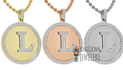 Real Genuine Authentic Diamonds Alphabet Initial Letters "L" Charm Round Pendent Chain Set 10K Gold Finish