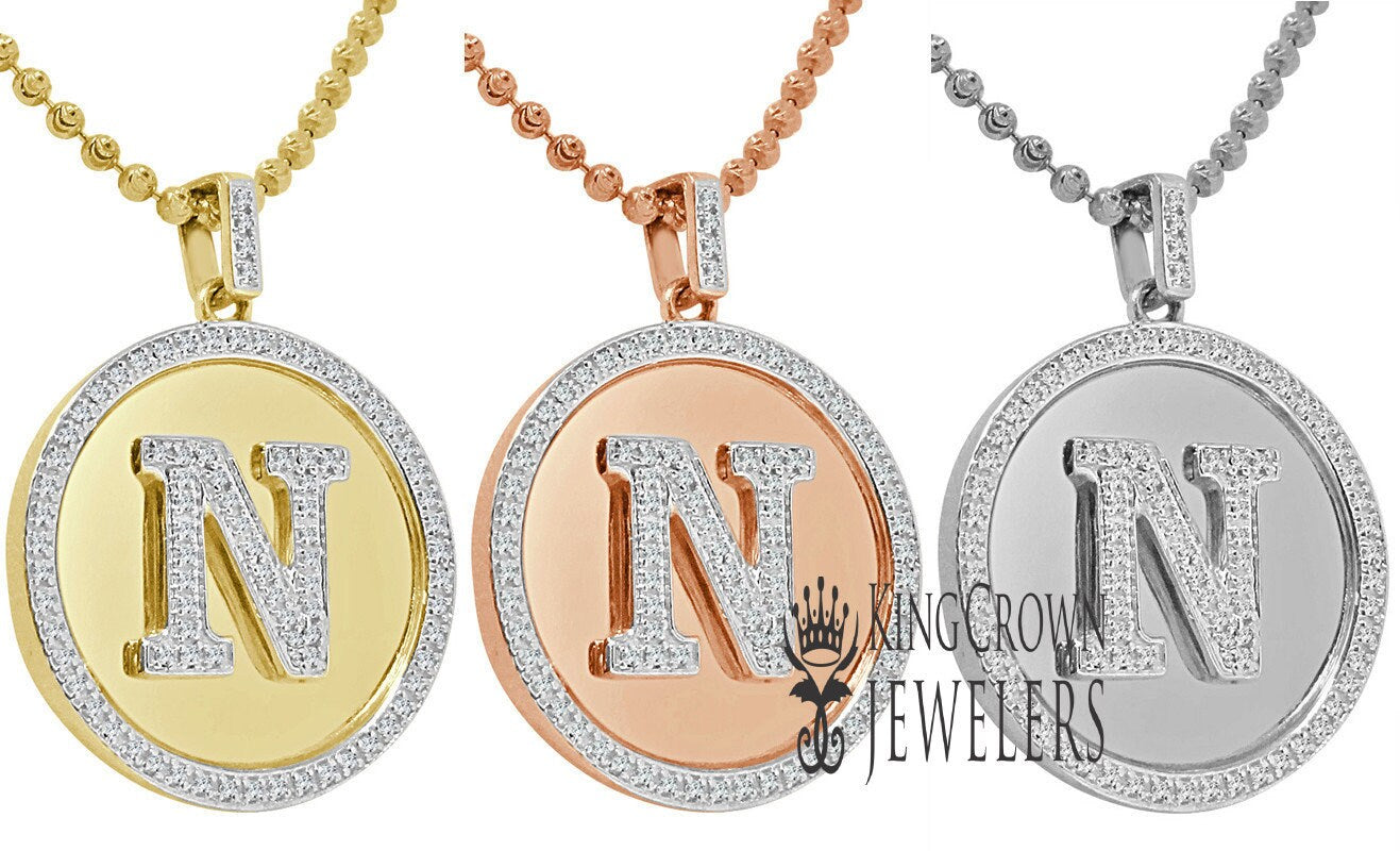 Real Genuine Authentic Diamonds Alphabet Initial Letters "N" Charm Round Pendent Chain Set 10K Gold Finish