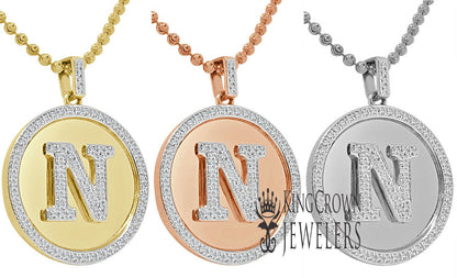 Real Genuine Authentic Diamonds Alphabet Initial Letters "N" Charm Round Pendent Chain Set 10K Gold Finish