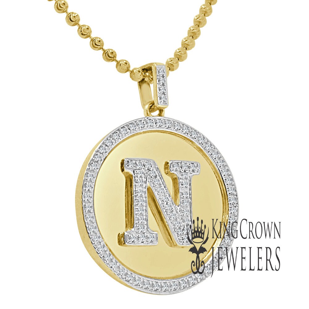 Real Genuine Authentic Diamonds Alphabet Initial Letters "N" Charm Round Pendent Chain Set 10K Gold Finish
